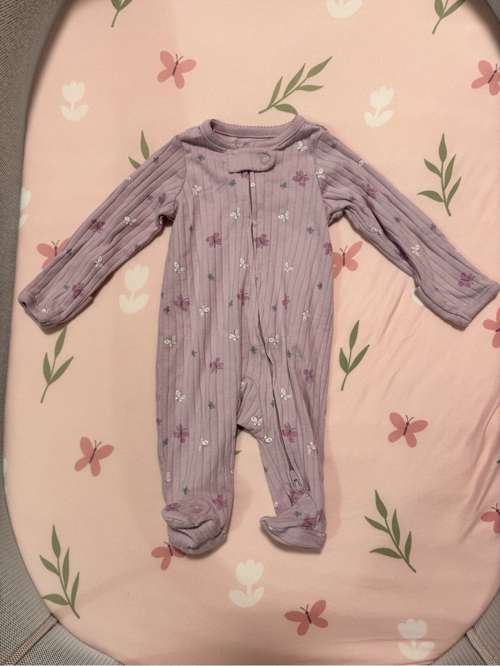 Carter's Lilac Ribbed Floral Footed One-Piece